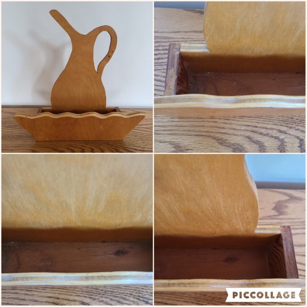 Vintage Pitcher and Bowl Shaped Wall Pocket Decorative Wood Hanging Floral Decor - Picture 15 of 16
